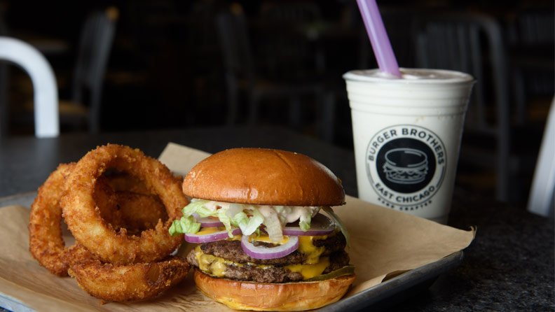 burger brothers burger, milkshake and onion rings